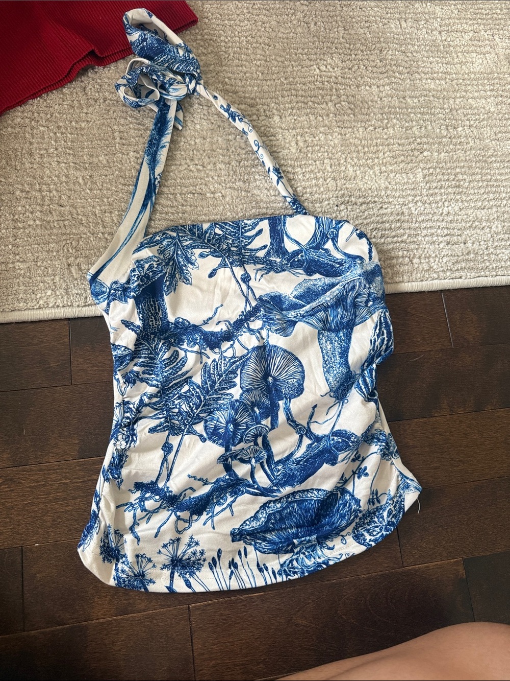 SHEIN White Halter Cami with Blue Botanical & Mushroom Print